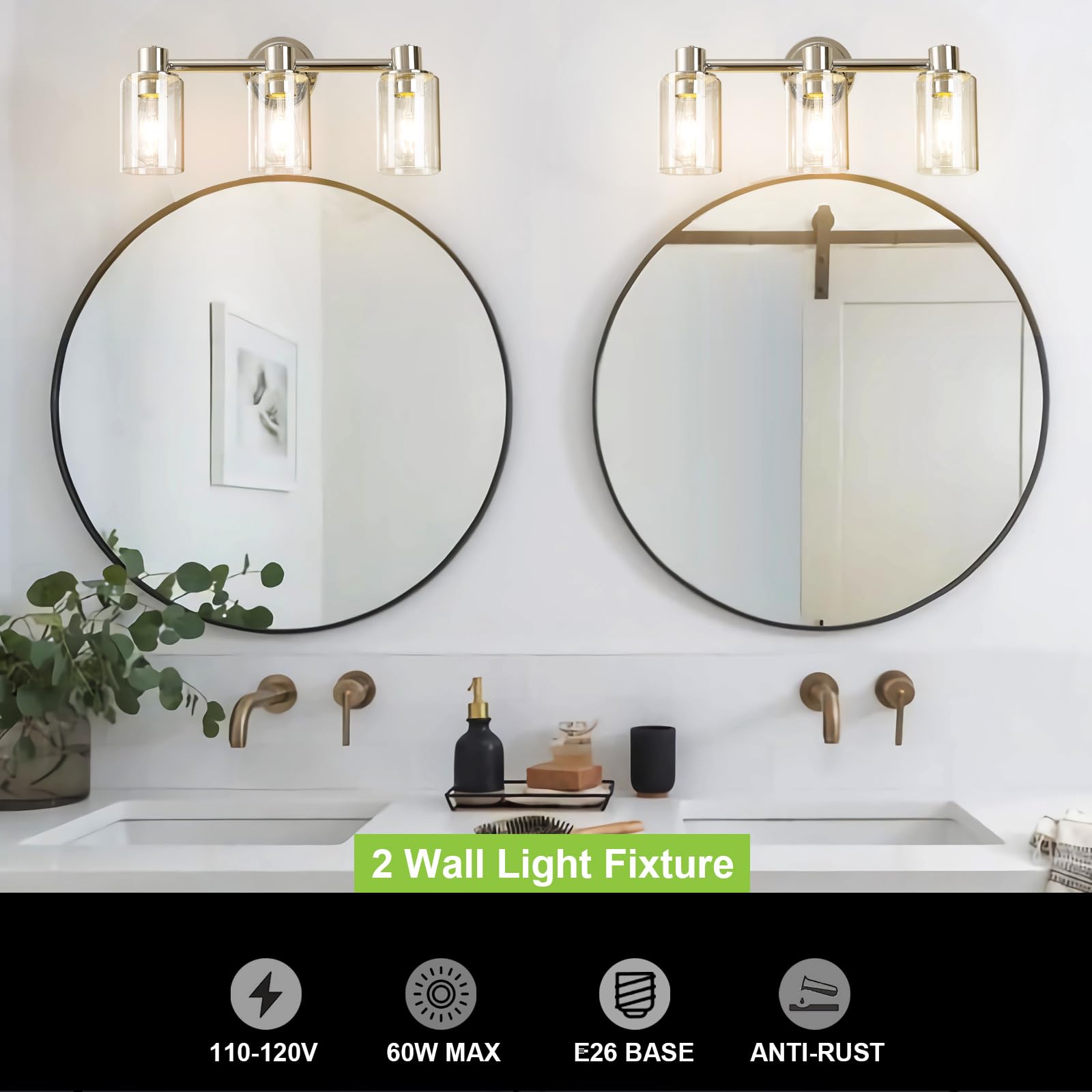 ALAISLYC Chrome 3 Light Bathroom Wall Sconce with Clear Glass Shades for Vanity E26 Base