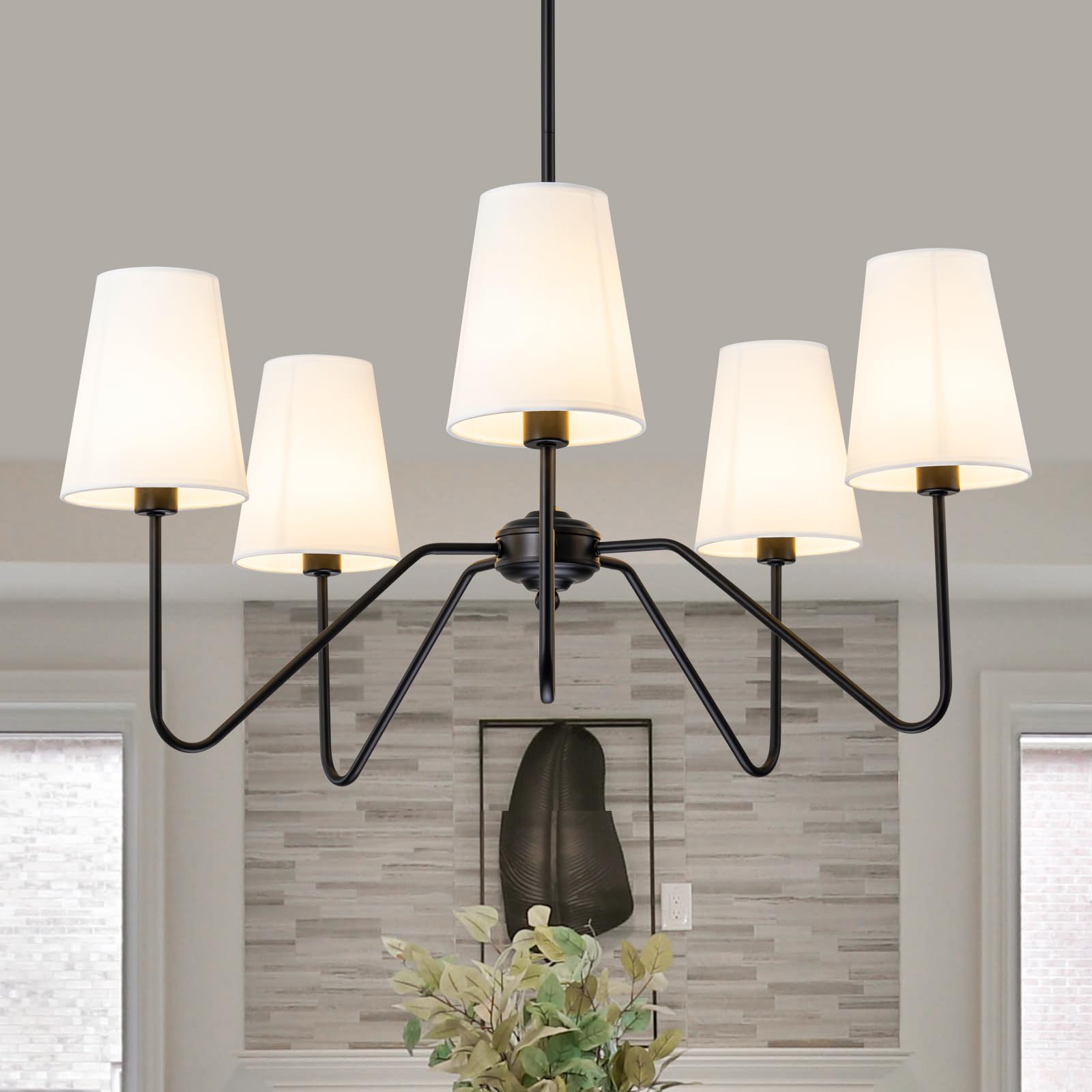 Fiyueoyi 5 Light Modern Chandelier With White Shades, Elegant Pendant Light Fixture With Black Chandelier For Living Room, Dining Room, Bedroom, Hallway, Entryway, Height Adjustable