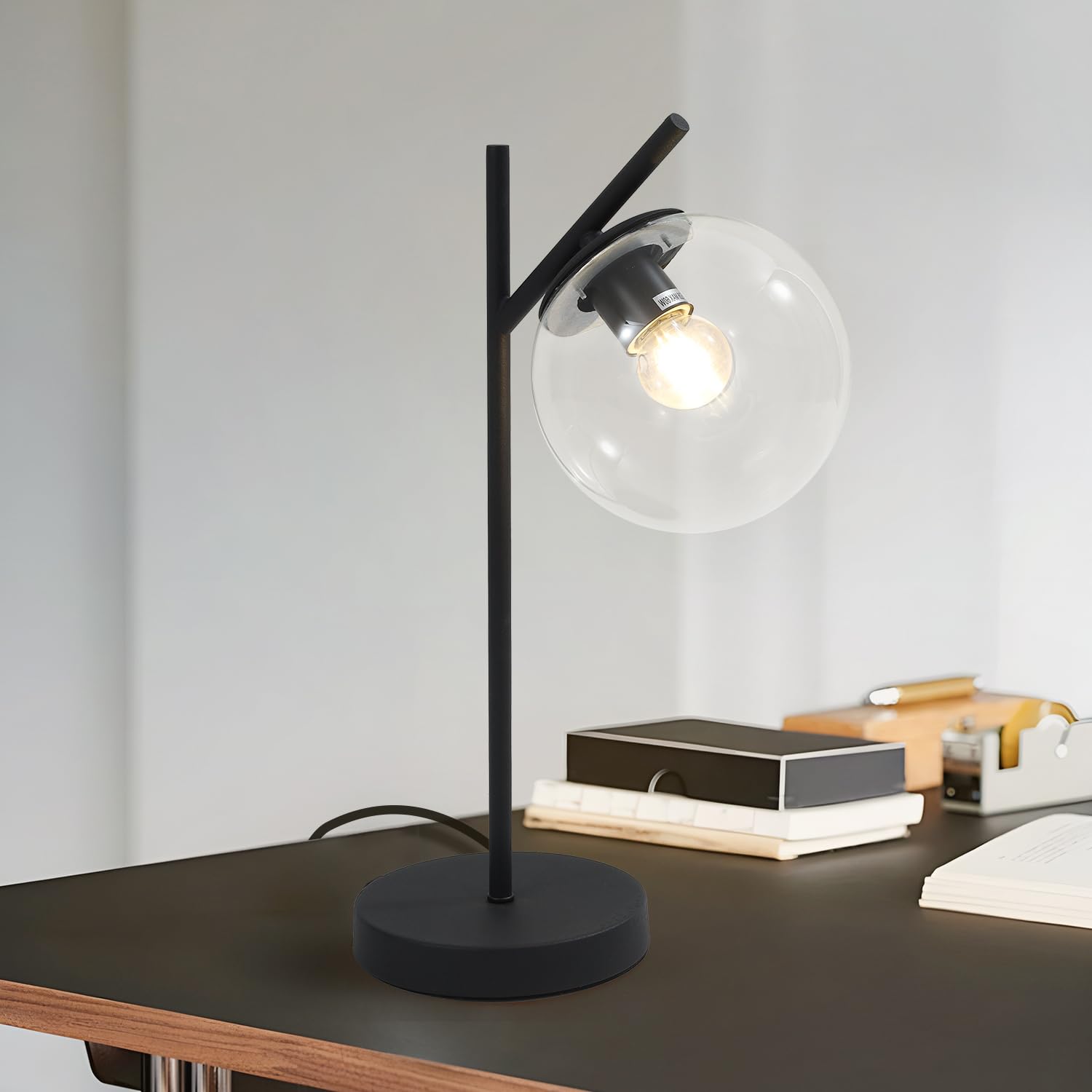 Fulesi Mid Century Table Lamp, Glass Globe, Black-Clear, Model T3009, H19.2 for Bedroom, Desk, Office, Study Room