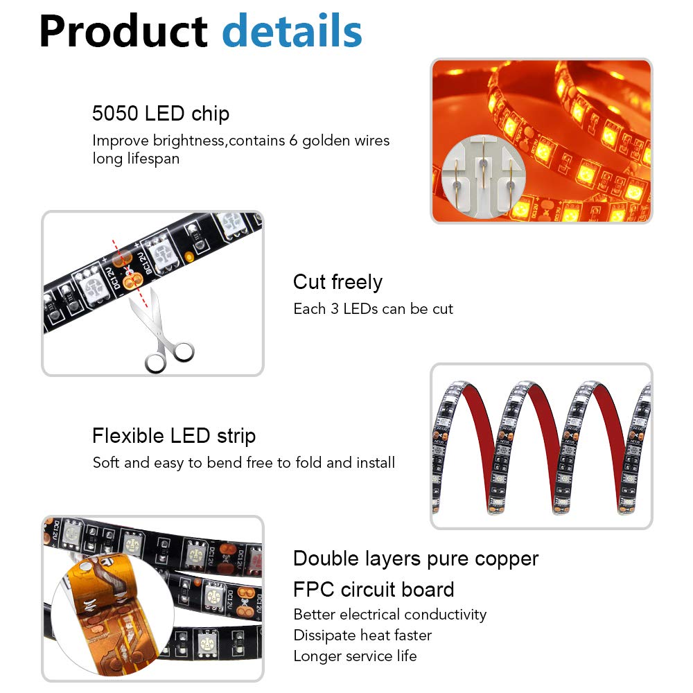ALITOVE Orange LED Strip Lights 16.4ft 5050 SMD Waterproof IP65 12V DC for Home, Hotels, Cars - Model AL5050OR300BKWP