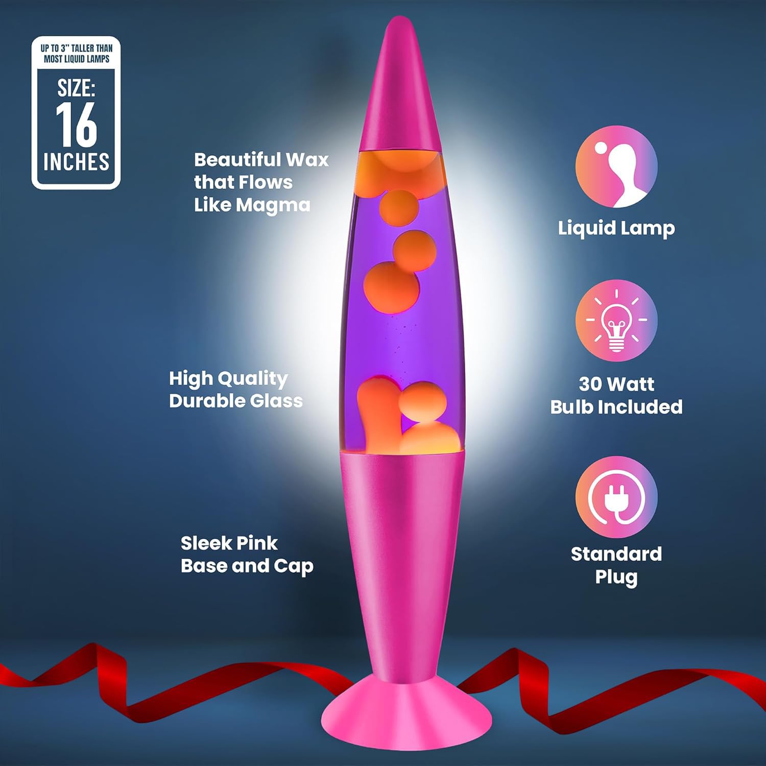 Jambo 16-Inch Liquid Lamp, Glass, Pink Base, Purple Liquid, Yellow Wax, Model KL-17, Relaxing Night Light for Kids & Adults