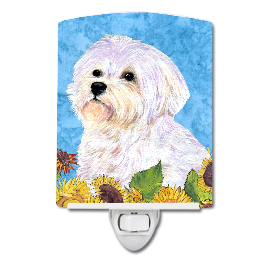 Caroline'S Treasures Ss4114Cnl Maltese In Summer Flowers Ceramic Night Light Compact, Ul-Certified, Ideal For Bedroom, Bathroom, Nursery, Hallway, Kitchen, 6X4X3, Multicolor