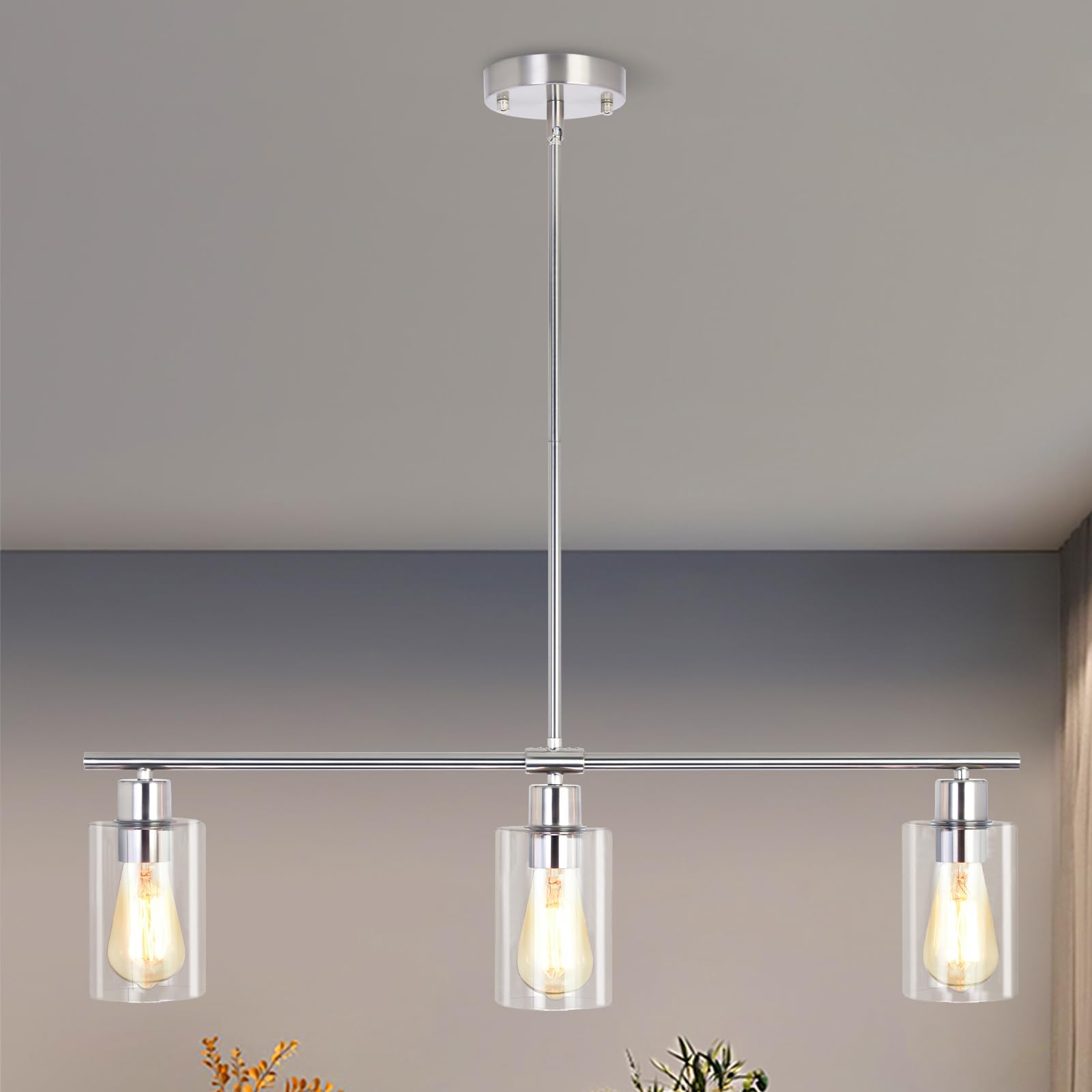 3-Light Kitchen Island Lighting  Farmhouse Dining Room Light Fixtures Over Table  Modern Brushed Nickel Island Lights Over Island  Linear Chandelier Hanging Ceiling Pendant Light Fixtures for Kitchen