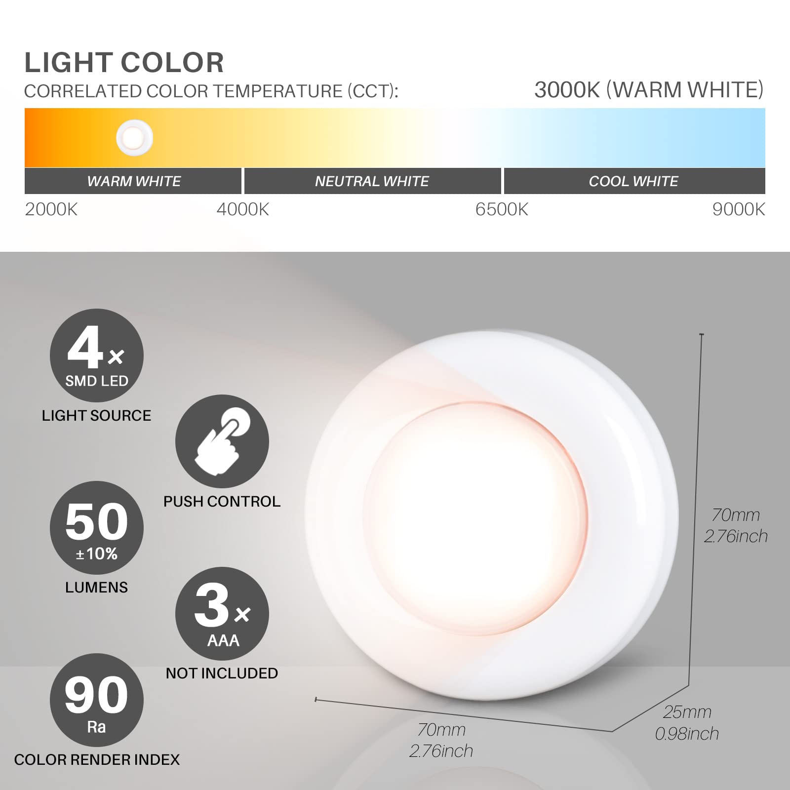 STAR-SPANGLED Push Tap Light, Mini LED Puck Lamp, 5 Pack, Warm White, Battery Operated, Model US-8016-YE5
