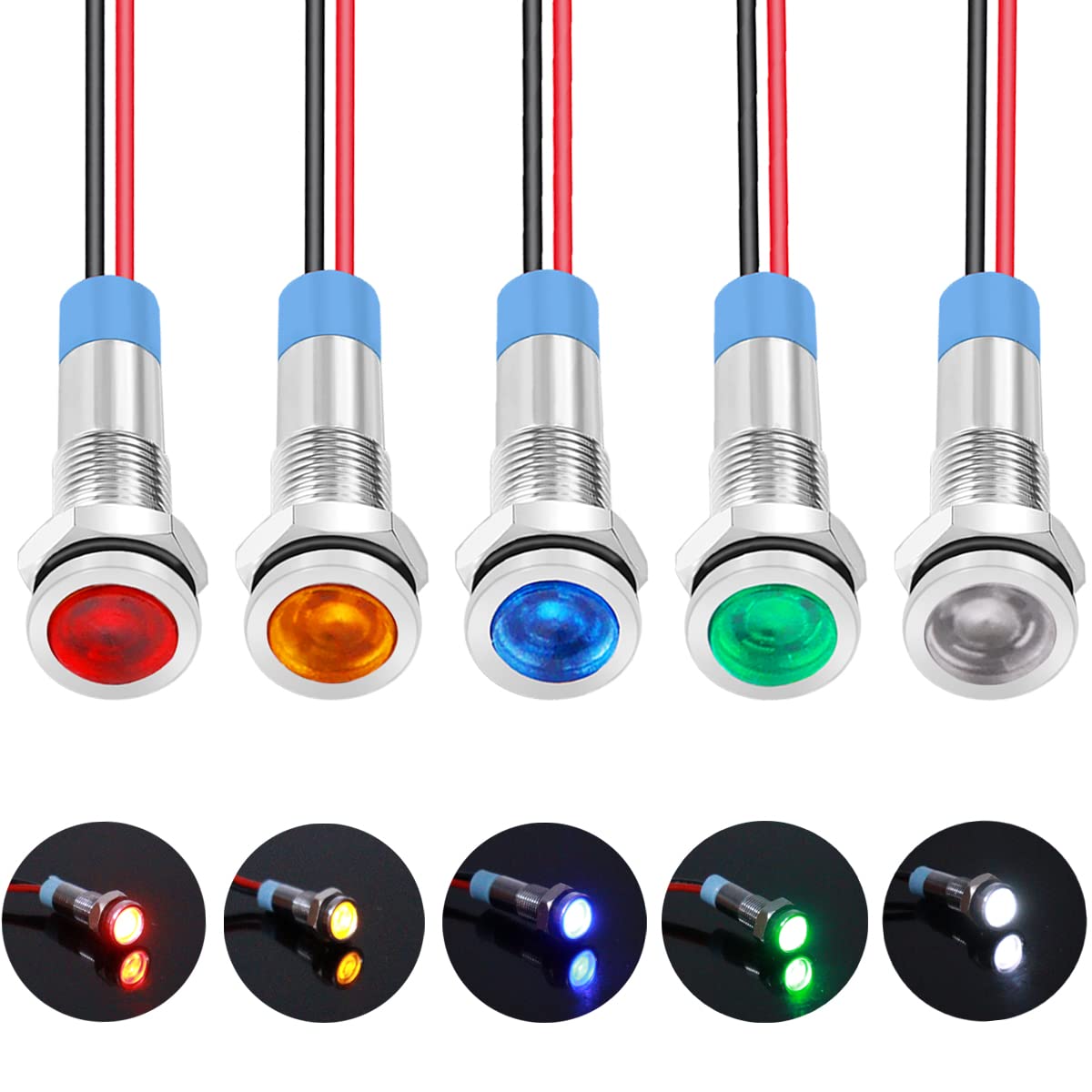 Smseace 5Pcs Red/Yellow/Blue/Green/White Ac/Dc12-24V Led Indicator Lights 1/4‘’(6Mm) Waterproof Flat Head Indicator Signal Lamp With 150Mm Cable Length Metal Led Indicator Light