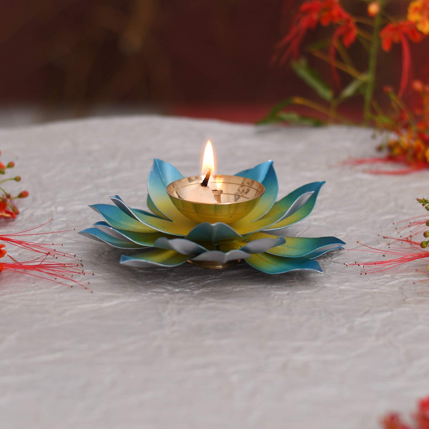 Collectible India Lotus Diya Puja Oil Lamp - Metal Handpainted Deepak -Home Temple Puja Articles Decor (Blue 5.5 X 1.5 Inch)