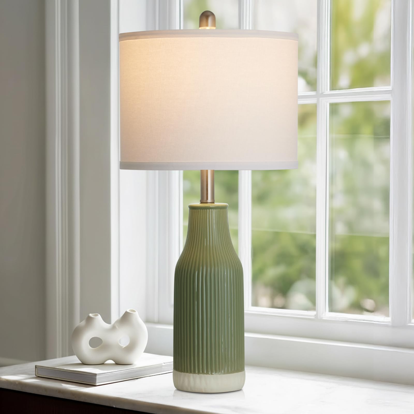 luxeflow 24.5 Ceramic Table Lamp for Bedroom, Sage Green Table Lamp for Living Room End Table, Small Farmhouse Bedside Lamp for 