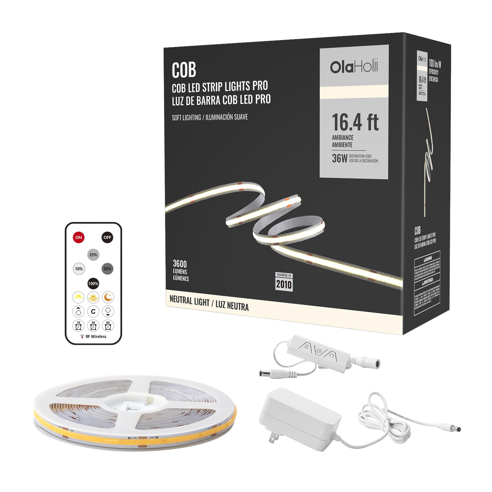 Olaholii 16.4ft COB Led Strip Light with Remote, 4000K Dimmable Bright Led COB Strip Light, White Continuous Led Strip Light for