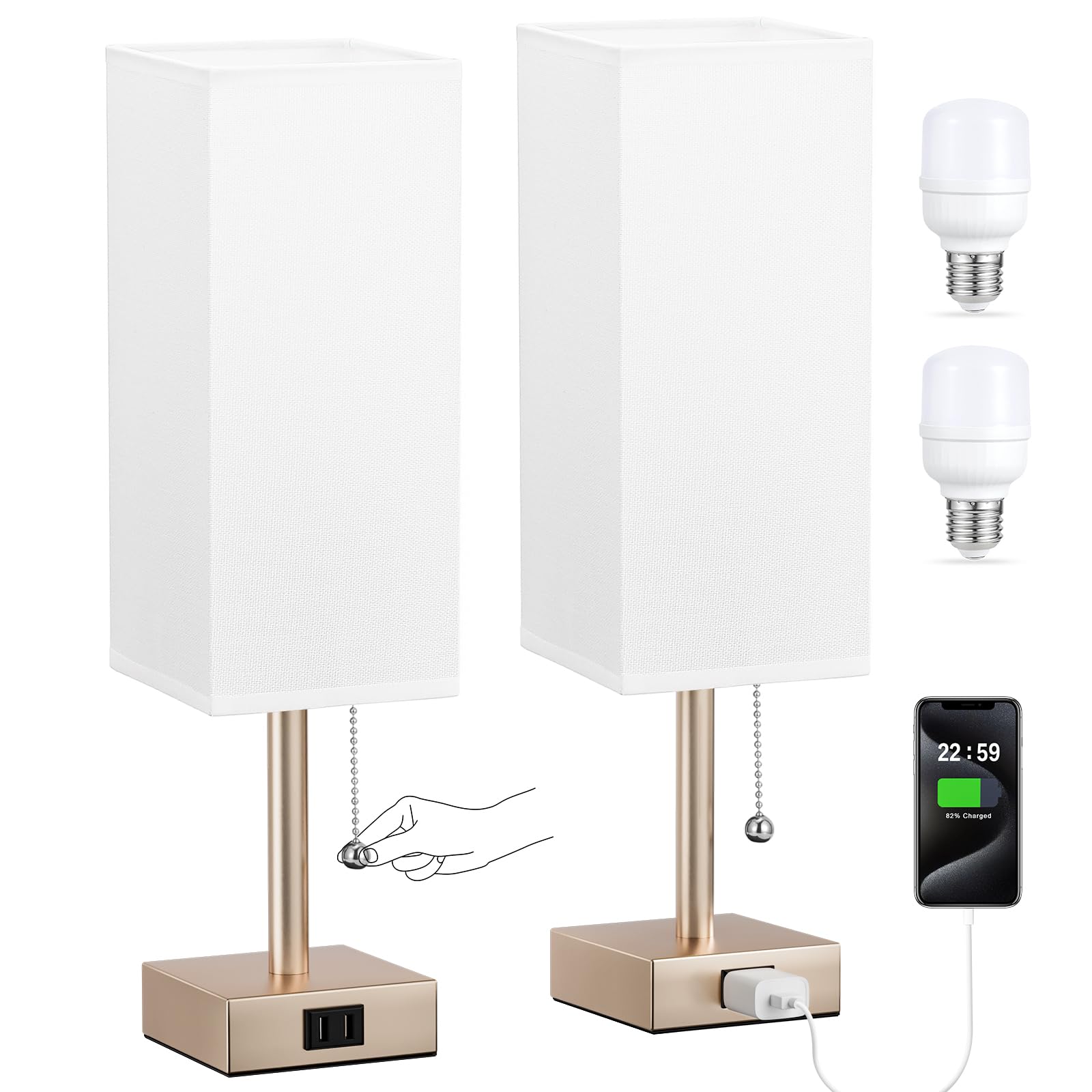 Gold Bedside Table Lamps for Bedroom Set of 2 - Small Rectangular Nightstand Lamp with AC Outlet Charging Port, 3 Color Temperat
