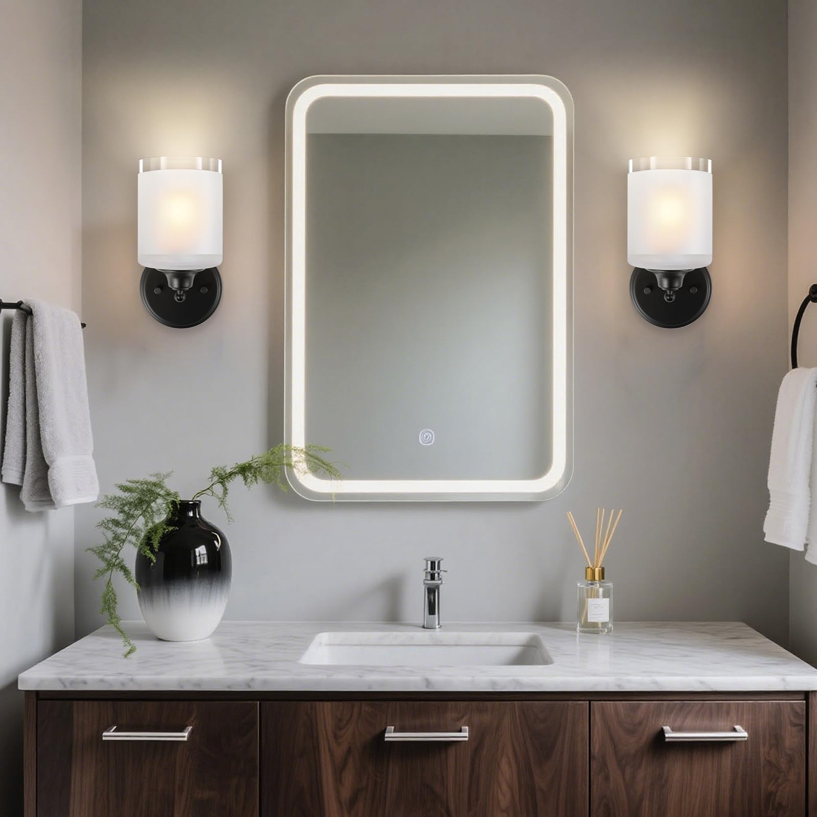 XIFEINIU Wall Sconces Set of Two, Rotatable, Metal, Frosted Glass, Black, 2Pack, Model LV24H58-B1