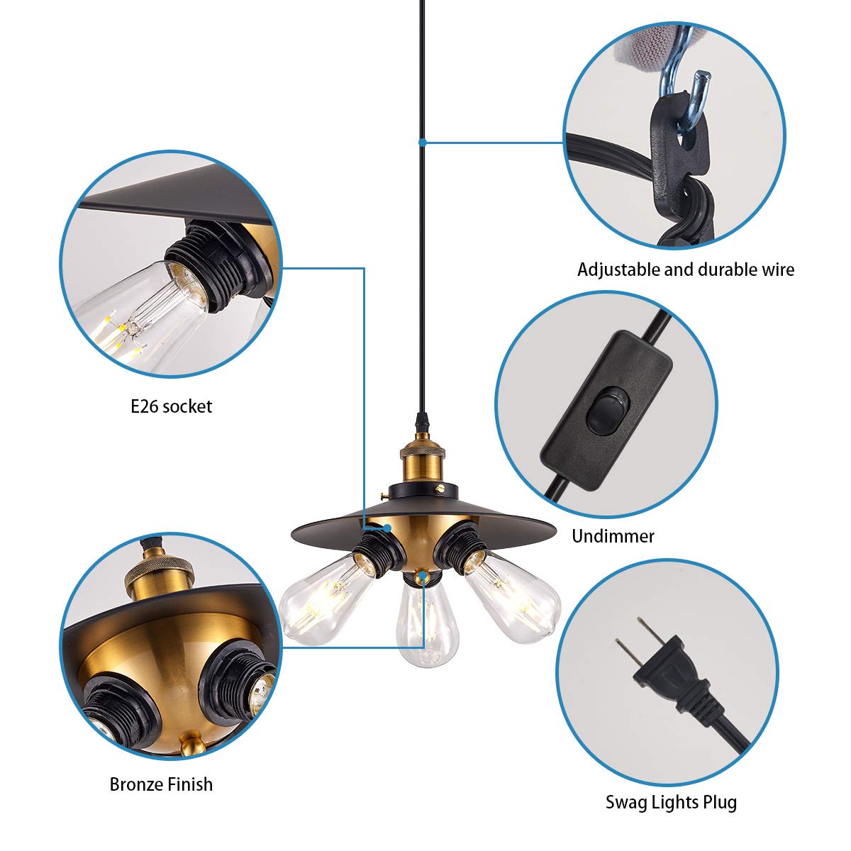 Ylong-Zs 3 Light Black Plug-In Pendant Lamp With 16.4 Ft Cord & On/Off Switch For Living Room