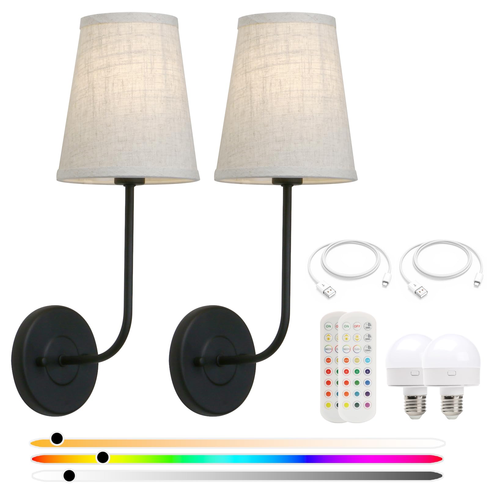Pathson Wall Sconces Set of 2, Rechargeable Dimmable Lights, Metal, Black, Remote Control, Model XLUS3003Y2