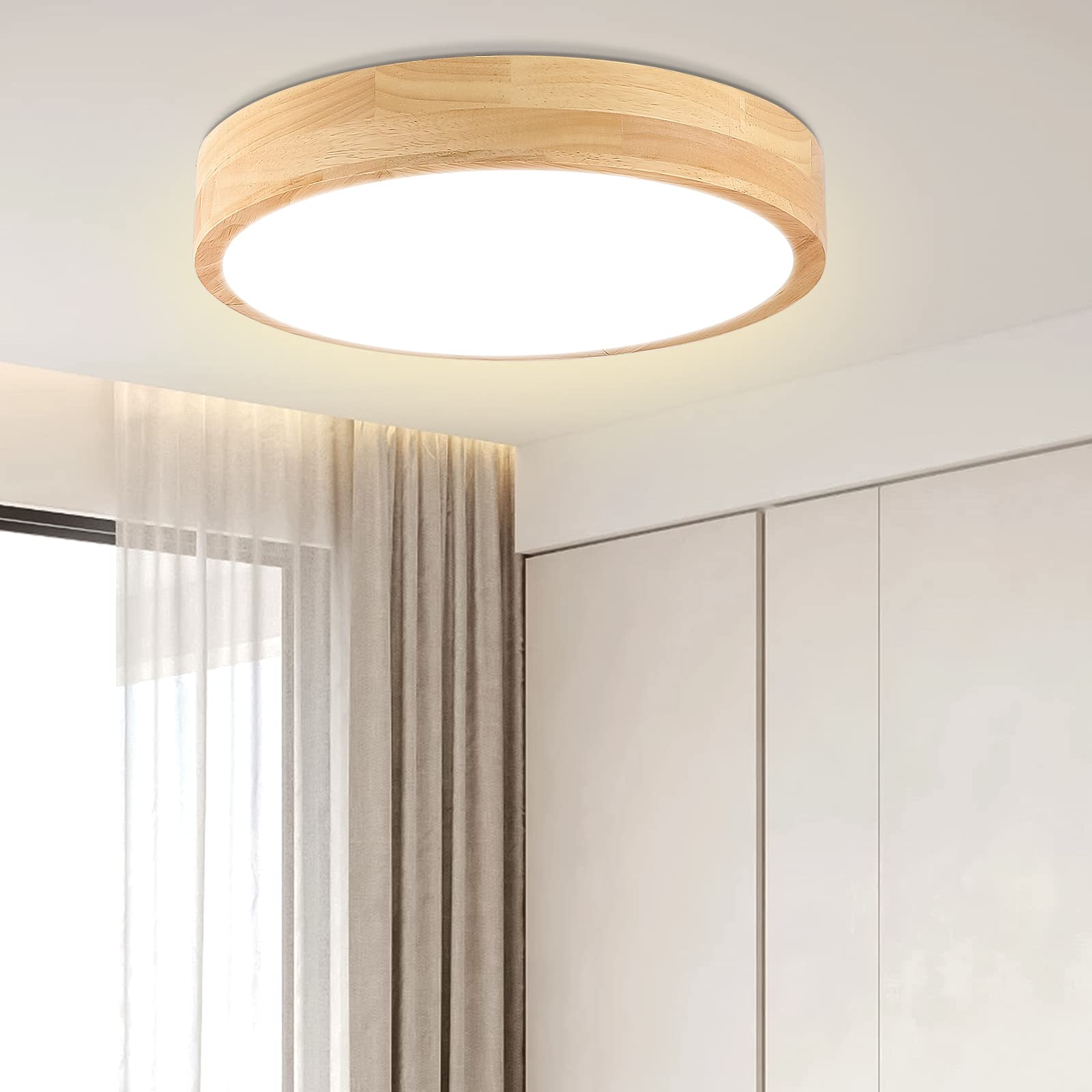 Led Ceiling Light Flush Mount: 12 Inch 24W Wood Bedroom Light Fixture With Round Modern Flat Overhead Minimalist Ceiling Lamps For Kitchen Hallway Laundry Natural White 4500K, Not Dimmable