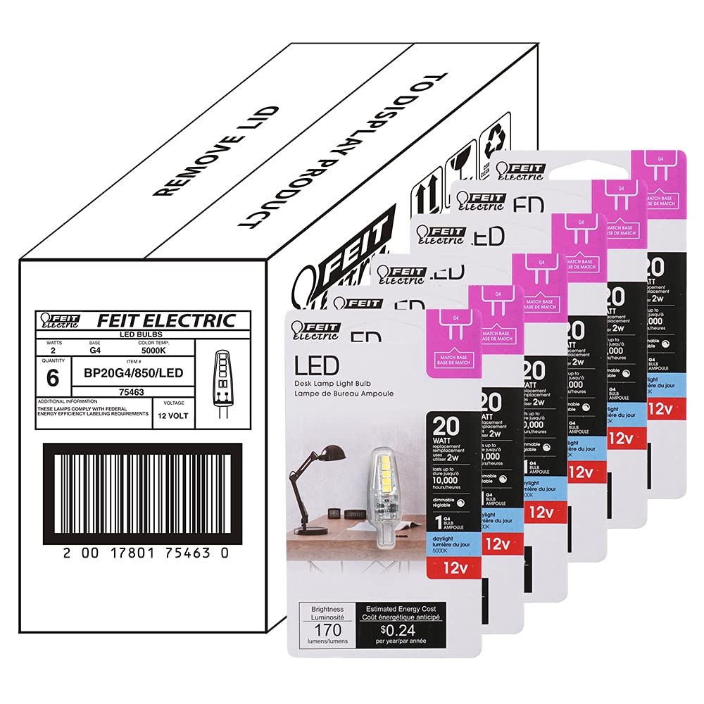 Feit Electric LED Capsule Specialty Light Bulb, 20W Equivalent, Dimmable, G4 Base, 5000K Daylight, 170 Lumens, Desk Lamp Light Bulbs with 10,000-Hour Lifetime, BP20G4/850/LED/6, 6-Pack