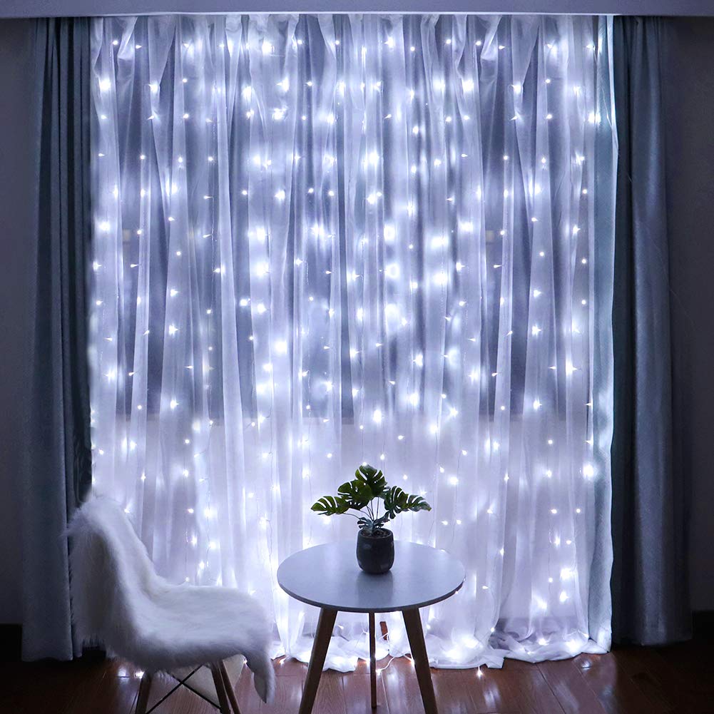 HEYFUNi Fairy Curtain Lights, 304 LED, 9.8ft x 9.8ft, Cool White, Model QX-U-O-C-304-W-C, 8 Modes,
