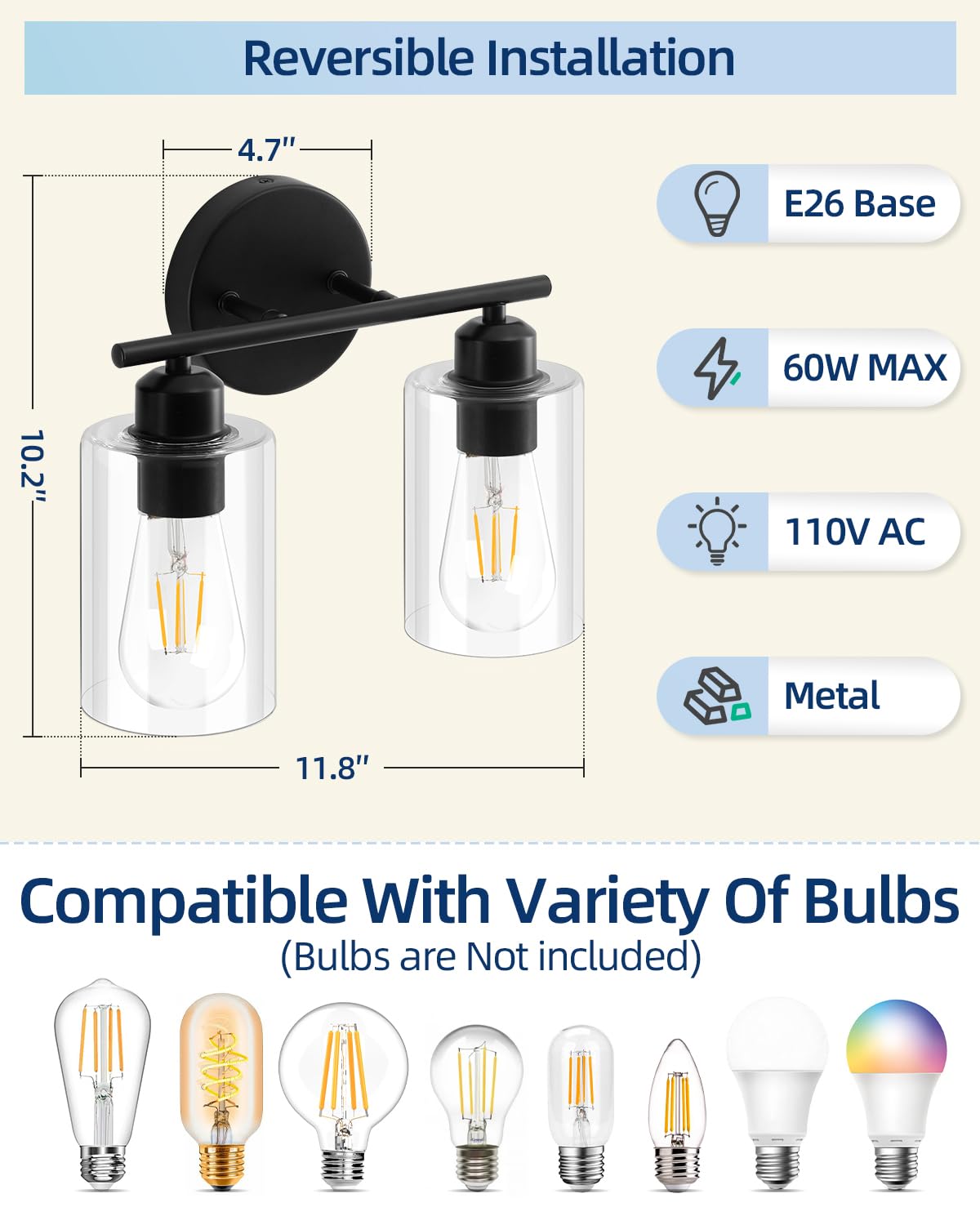 SEABLE Modern Vanity Lights - 2 Pack Wall Sconce, Matte Black, Clear Glass Shade, Bathroom & Bedroom Fixtures