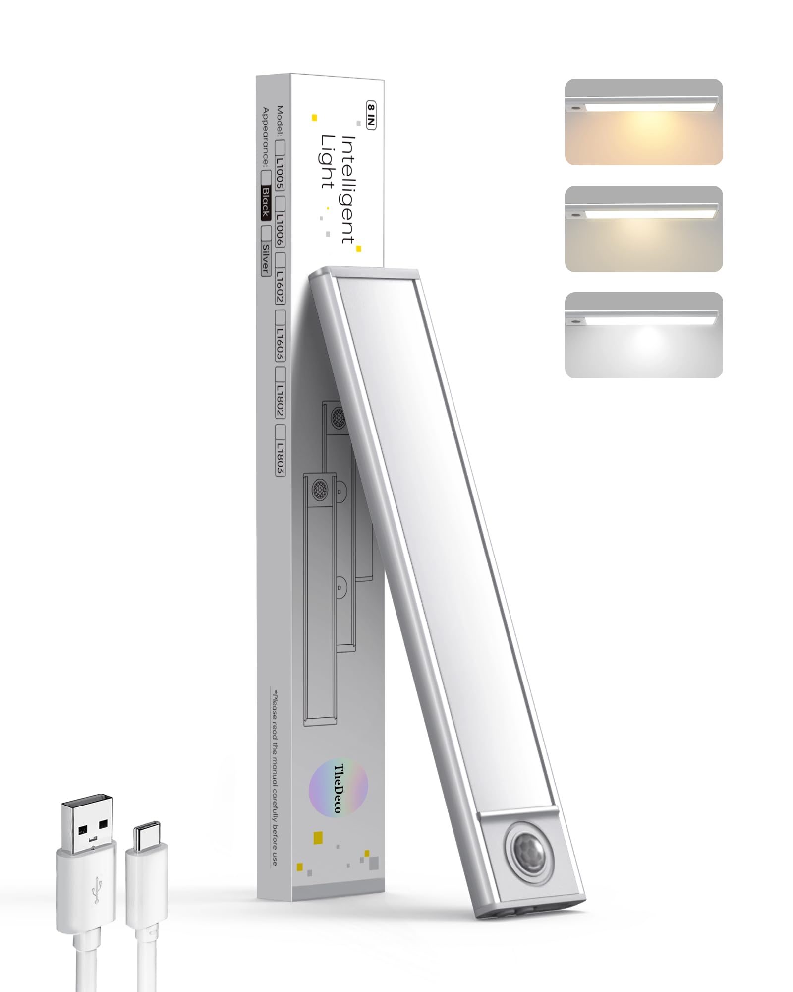 Thedeco 8 Inch Under Cabinet Lighting, 34-Led 3Cct Dimmable Under Counter Lights, 1 Pack Stick-On Motion Sensor Closet Lighting, Wireless 1500Mah Rechargeable Battery Light For Kitchen, Stairs