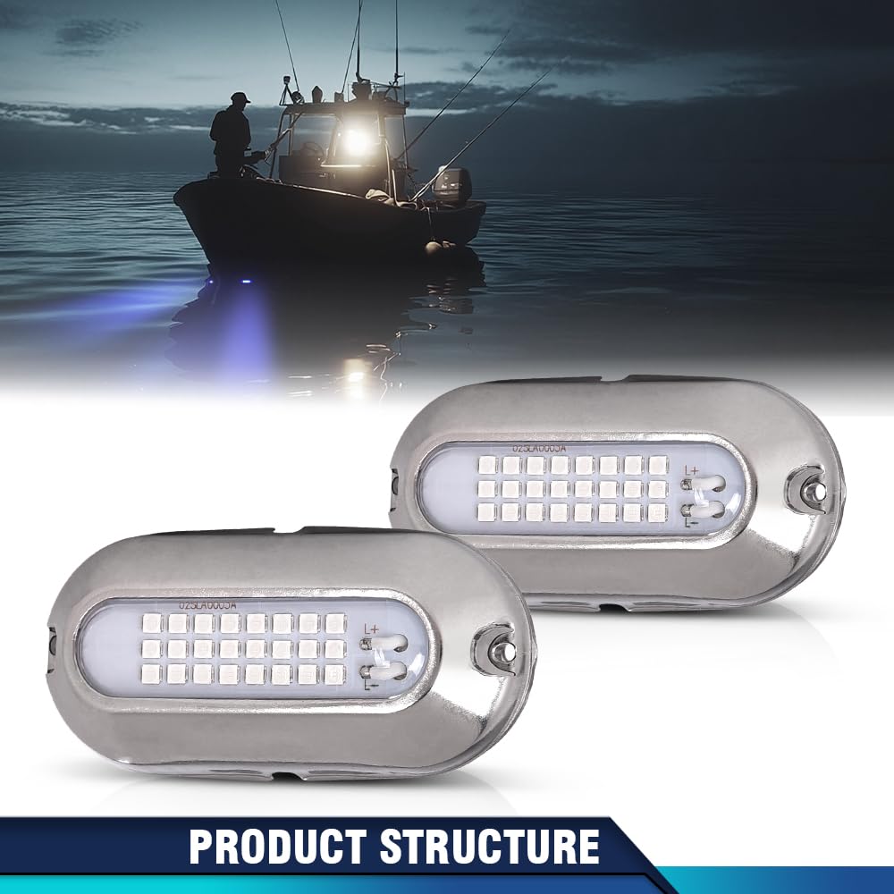 PIT66 LED Pontoon Boat Docking Light - Bright White Housing, 12V, Blue Lighting, 2 Pcs
