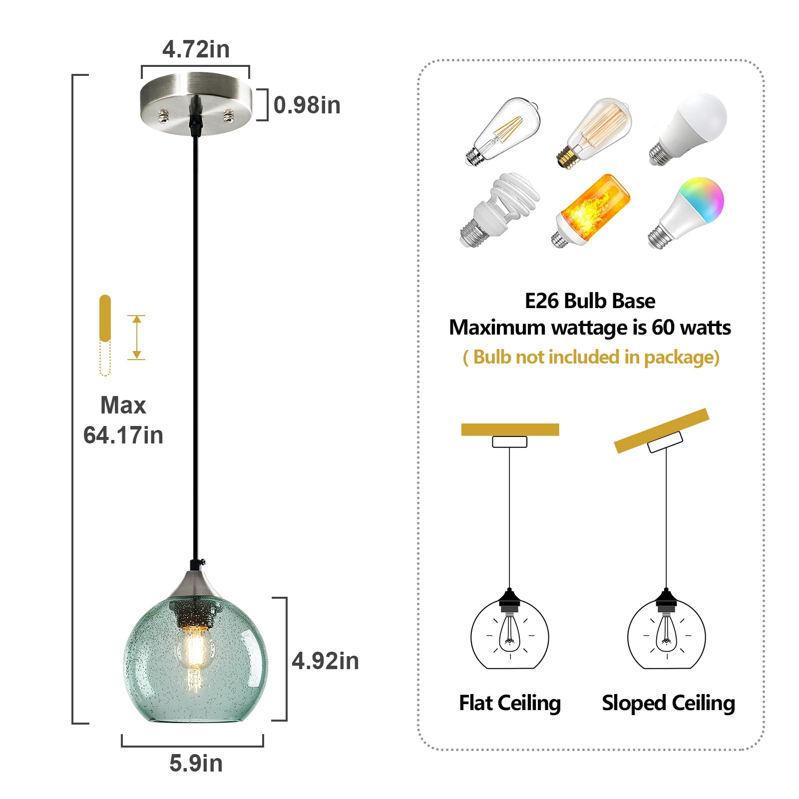 Lbsqj Light Green Glass Pendant Lights Kitchen Island Globe Pendant Light Fixtures Modern Pendant Lighting For Bedroom Living Dining Room Light Fixture (5.9 In  2 Pack)