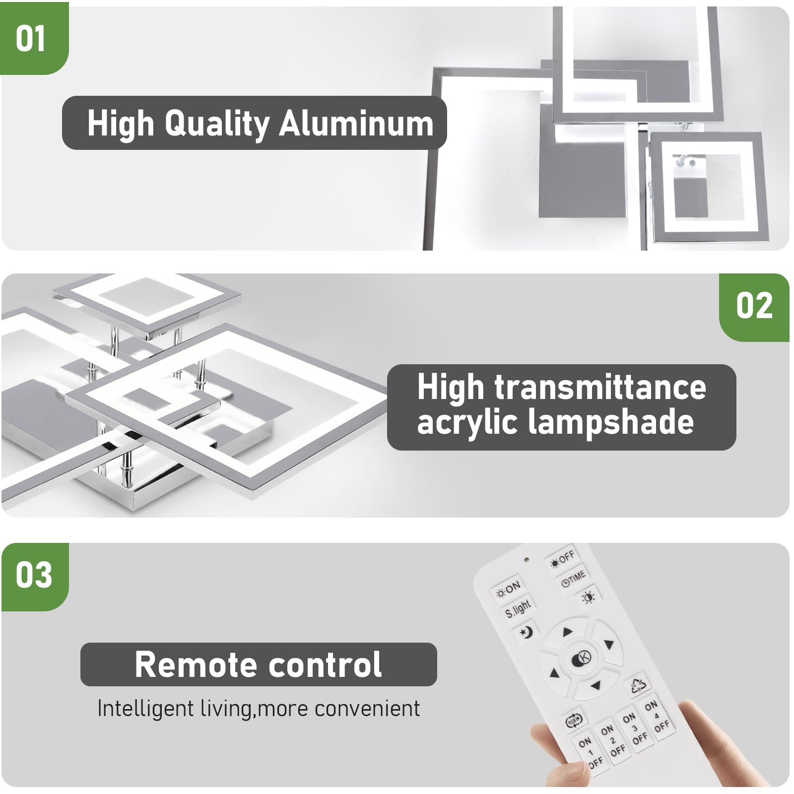 Hlilceh Modern Chrome Led Ceiling Light 3-Square Design 3000K-6500K Dimmable Led Ceiling Light With Remote 33W Acrylic Ceiling L