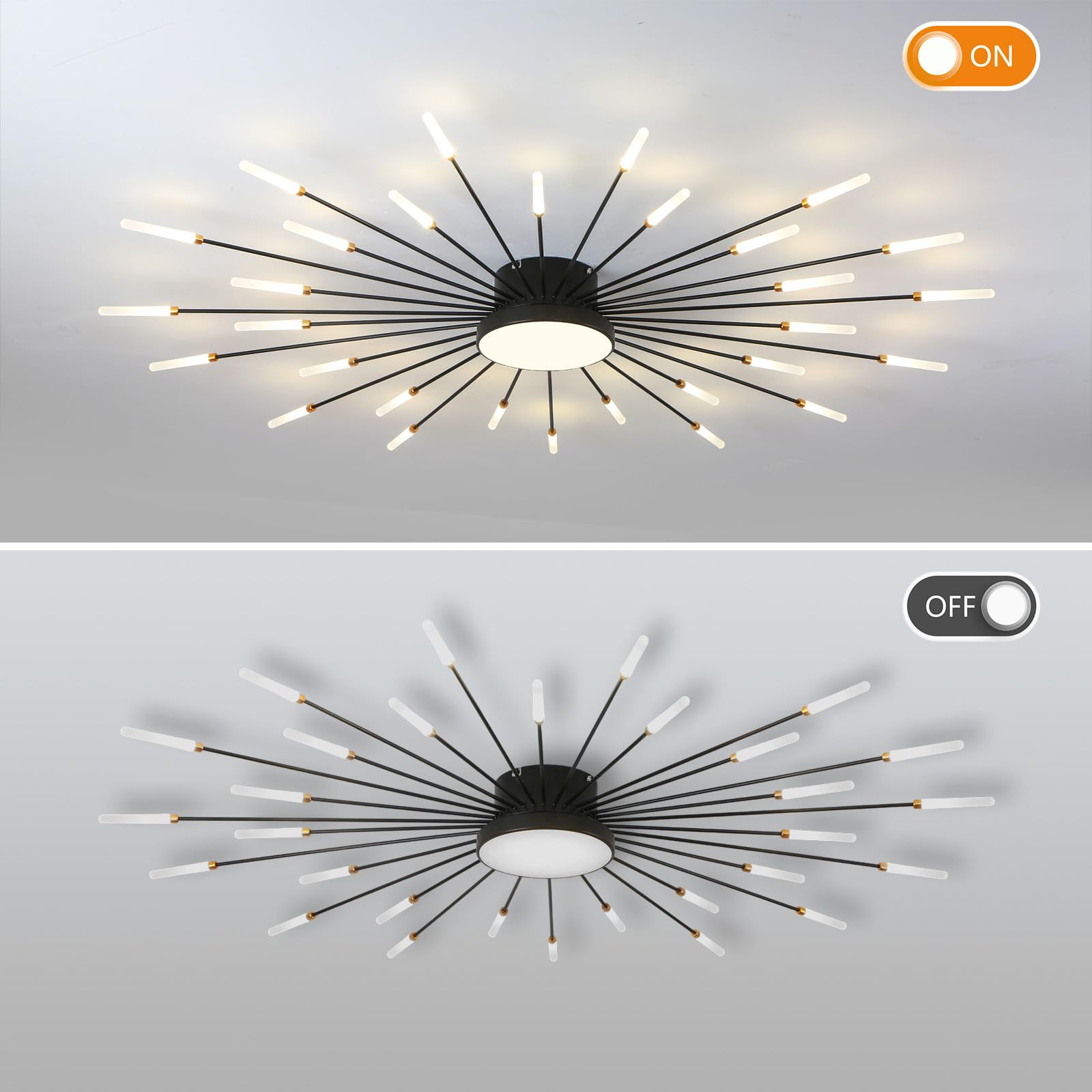 Ziidoo Modern Ceiling Light 30+1 Lights Metal Firework Designed Chic Led Lighting Fixture For Farmhouse Kitchen Dining Room Bedroom Hallway Living Room (Black)