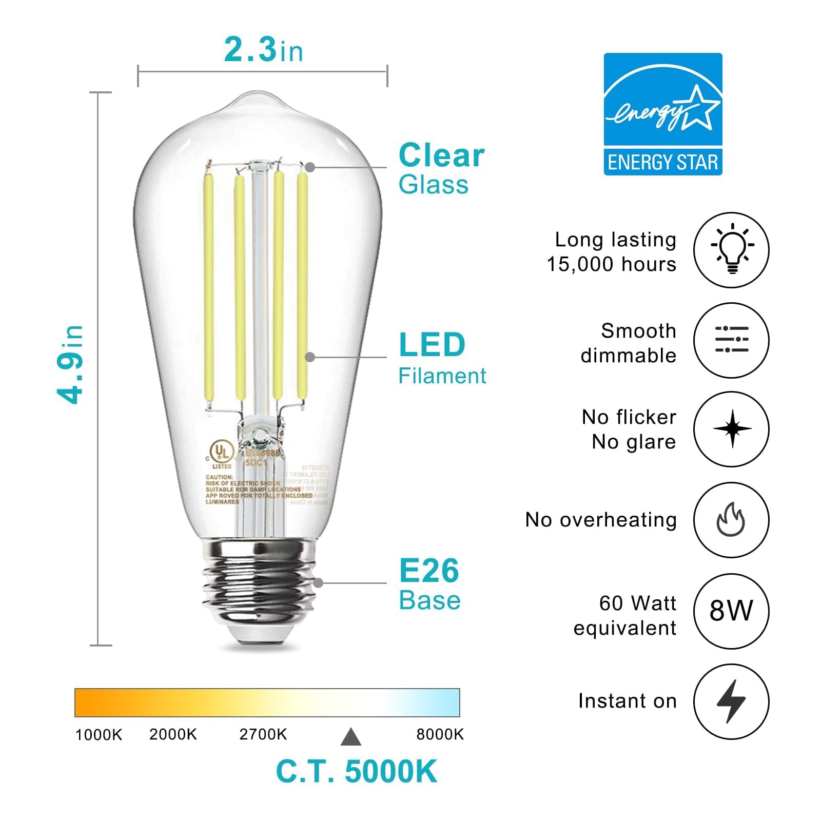 TJOY Vintage LED Light Bulbs, 60W Equivalent, Dimmable, E26, 8W, 800LM, Clear Glass, 5000K Daylight, 8 Pack