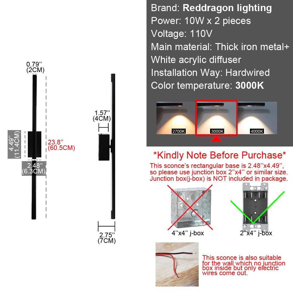 Reddragon Lighting Dimmable Black Tube Wall Sconce Set of 2, 24 Inch Iron Vanity Light for Bathroom, Living Room, Bedroom
