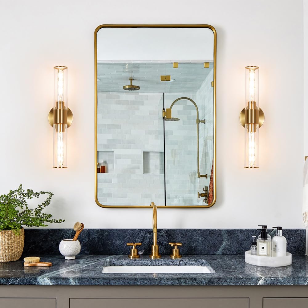 Gold Wall Sconces Set Of 2, Hardwired Bathroom Vanity Light Fixture, Brass Sconce Wall Lighting, Modern Wall Light Set Of Two, C