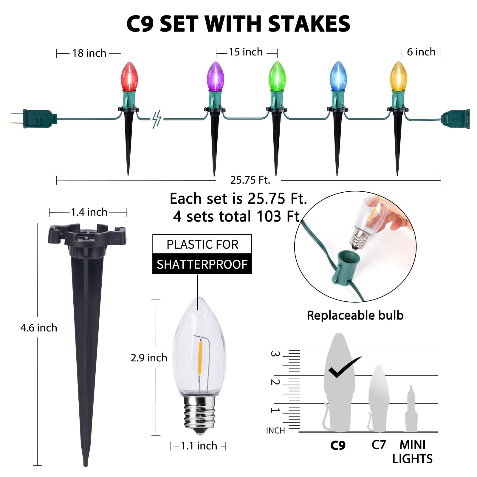 C9 Christmas Lights Outdoor, 4 Packs Total 103 Ft Christmas Pathway Lights With 80 Led Bulbs And Stakes, Connectable Outdoor Chr