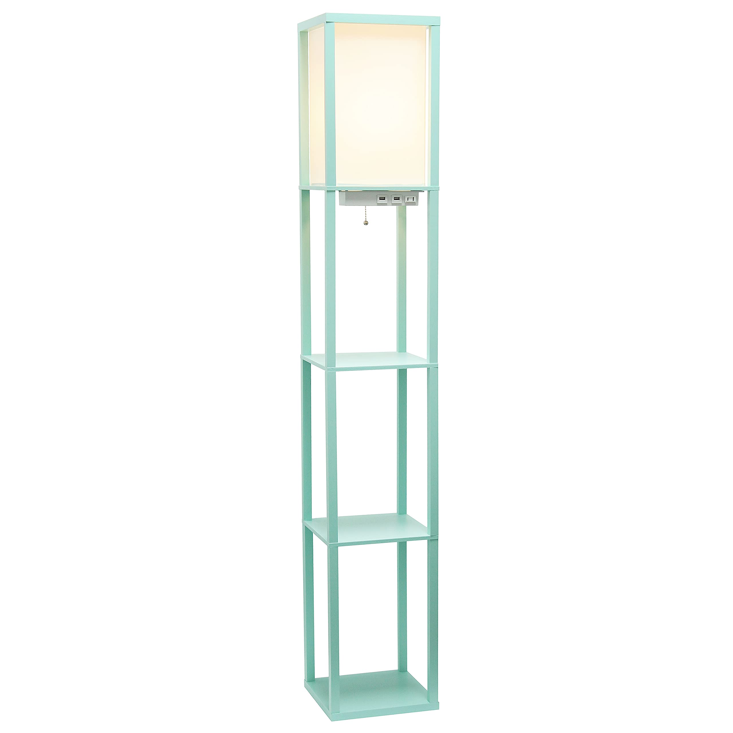 Simple Designs Lf1037-Aqu Floor Lamp Etagere Organizer Storage Shelf With 2 Usb Charging Ports, 1 Charging Outlet And Linen Shade, Aqua