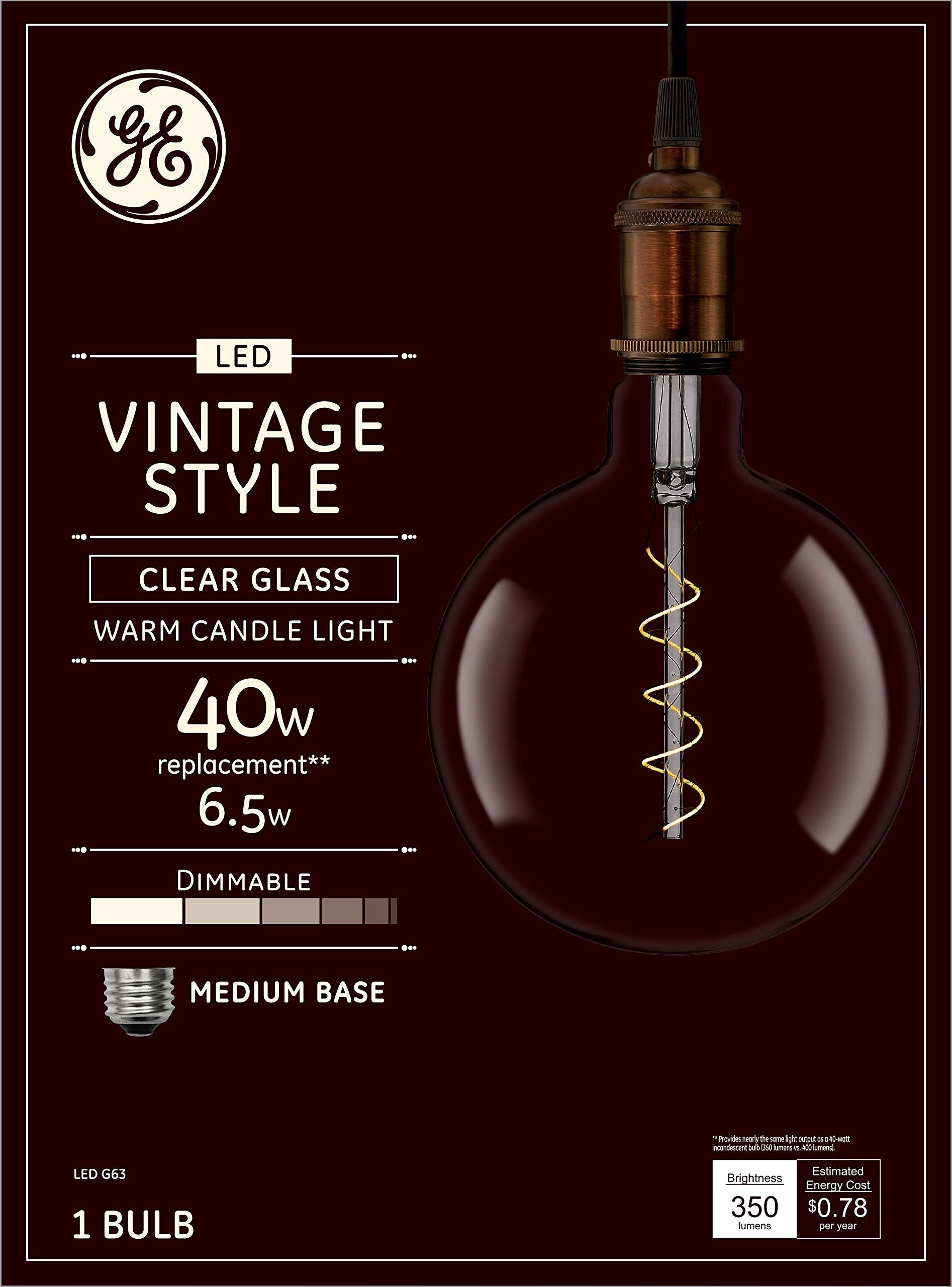 GE Vintage Style LED Light Bulb, 40 Watt, Clear Glass, G63 Large Globe, 1 Count