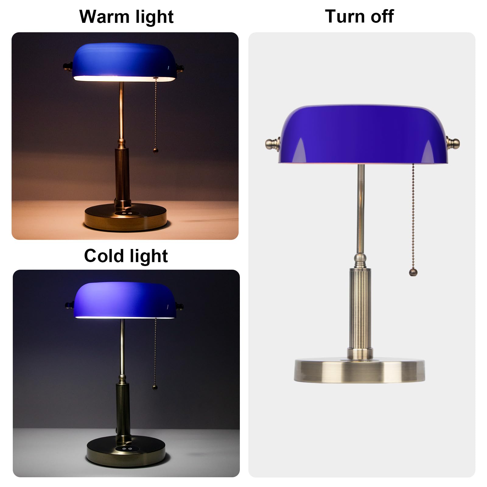 FIRVRE Bankers Lamp with2 USB and Wireless Charging Port,Pull Chain Switch Blue Glass Desk Lamp, E26 Base,Traditional Library De