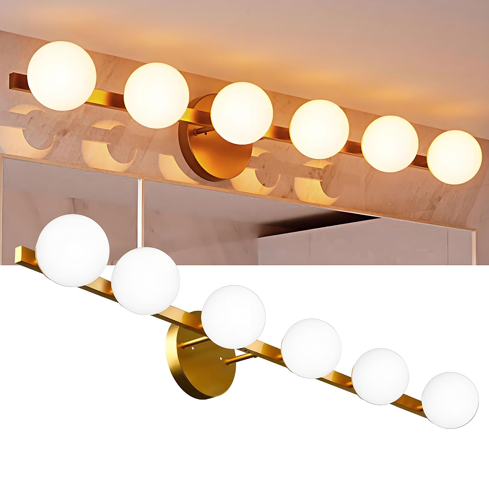 Lightdot 6-Light Bathroom Vanity Light, Modern Gold with Globe Shatterproof Lampshade, 38in Rust-Proof Fixture