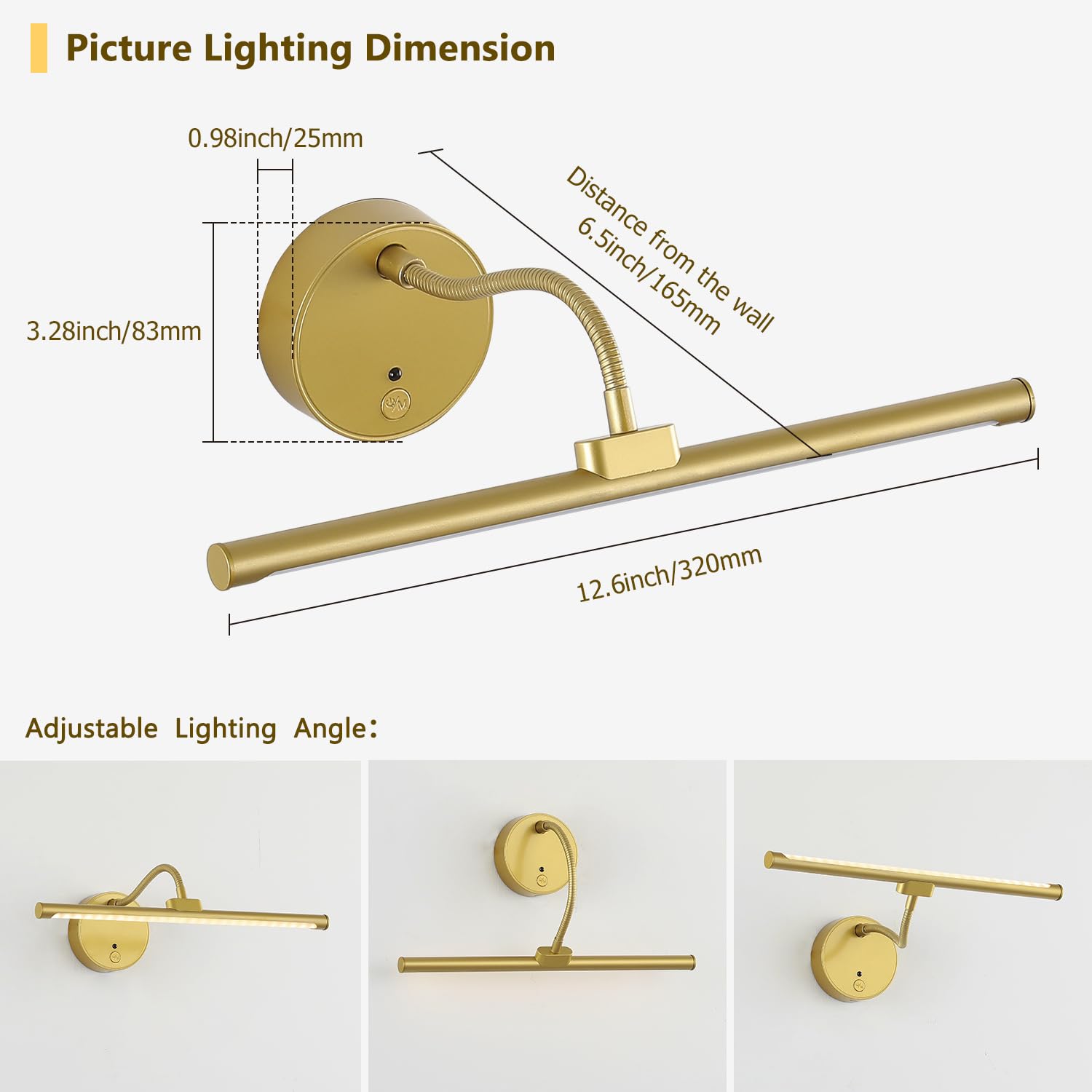 JOOSENLUX Wireless Rechargeable LED Picture Lights - Adjustable Arm, Gold, 12.6 inch, Battery Operated, Remote - 2 Pack