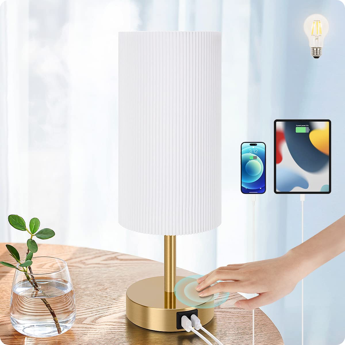 Bedside Lamp with USB port - Touch Control Table Lamp for Bedroom Wood 3 Way Dimmable Nightstand Lamp with Round Pleated Shade for Living Room, Dorm, Home Office (LED Bulb Included) (Pleated)