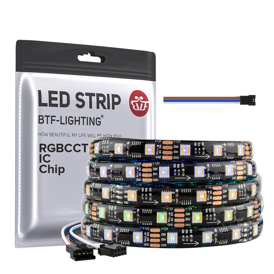 BTF-LIGHTING WS2805 IC RGBCCT Addressable Dual Data LED Band 5050SMD 16.4FT 60LED/m 20Pixel/m 5 Colors in 1 Chasing Color RGB+CCT 3000K-6500K Lights Band IP65 DC12V(No Adapter or Controller)