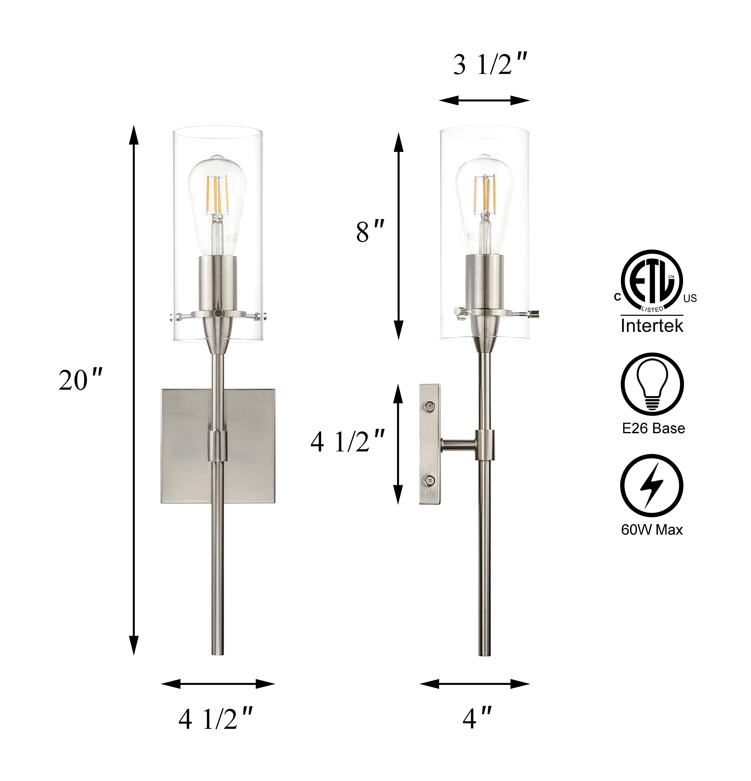 Xinbei Lighting Modern Brushed Nickel Wall Sconces Set Of 2, Clear Glass Iron Indoor Vanity Lighting For Bathroom & Hallway