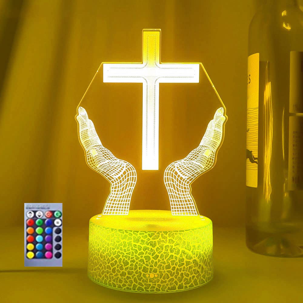 Jinnwell 3D Jesus Cross Night Light Lamp Illusion Night Light 16 Color Changing Table Desk Decoration Lamps Gift with Acrylic Fl