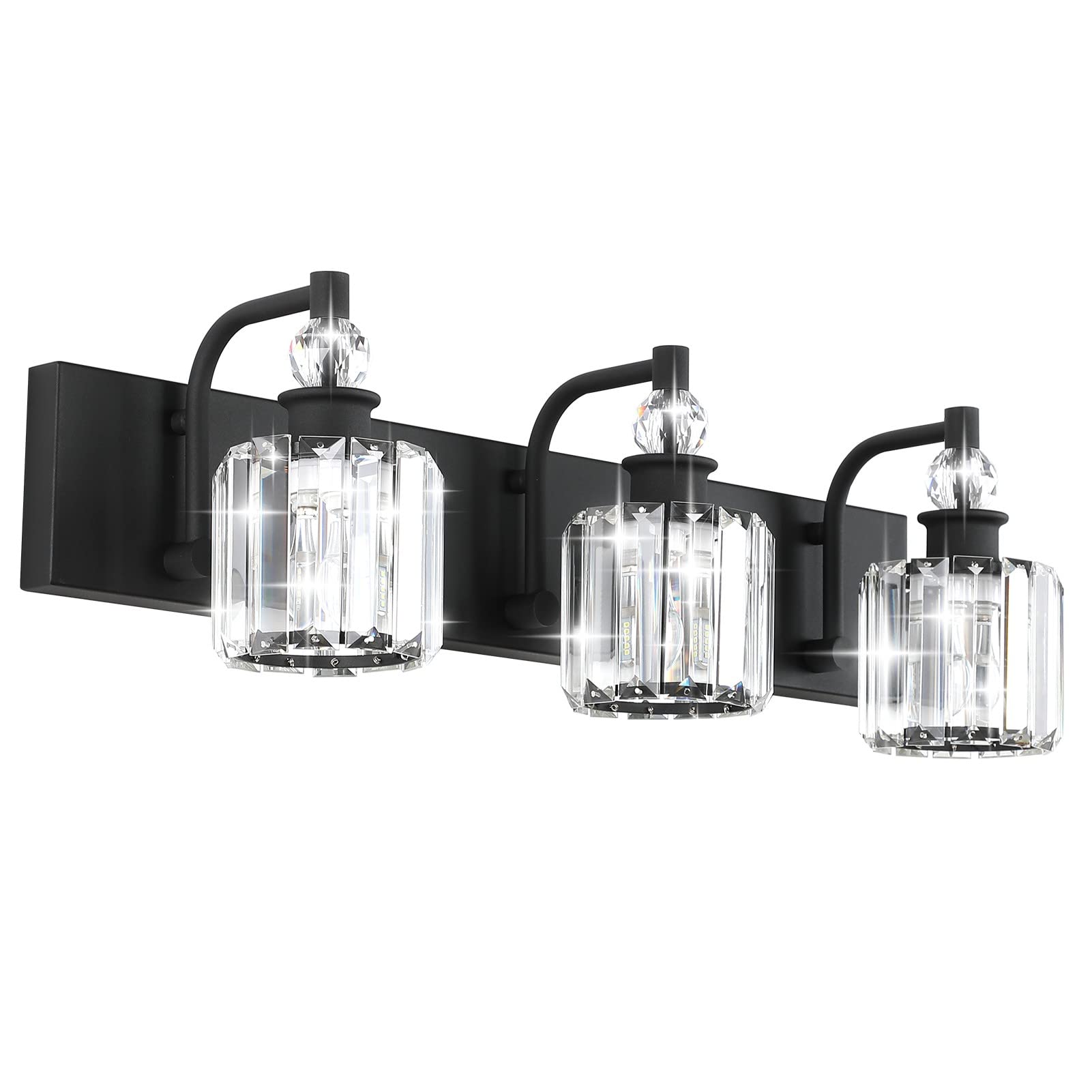 Ralbay 3 Light Bathroom Vanity Lights - Matte Black Crystal Fixtures, 24 Inch, Model 8605, Modern Over Mirror Design