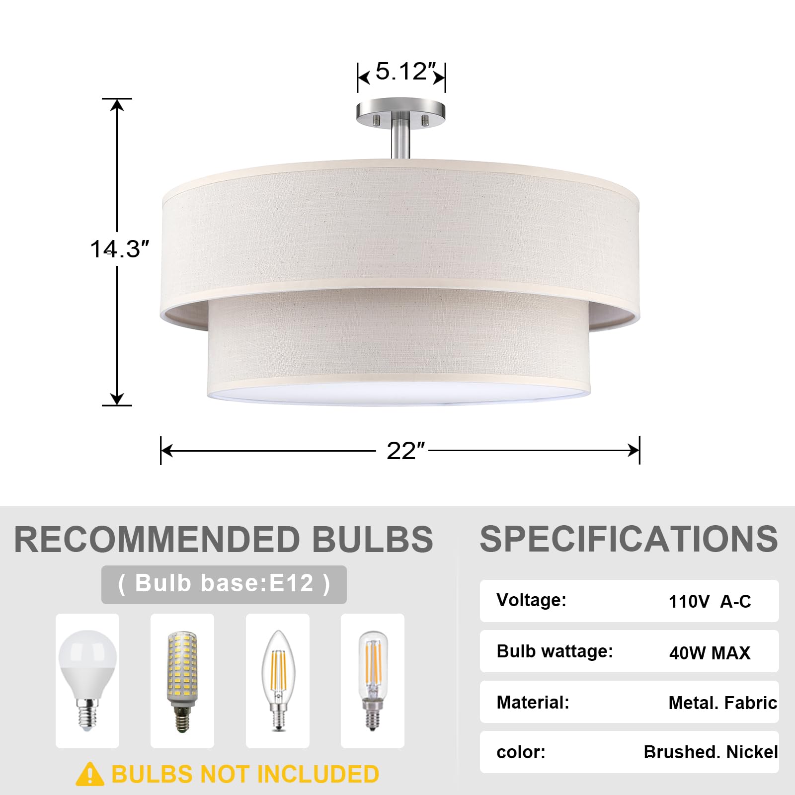 Dolaimi House 5-Light Semi Flush Mount Ceiling Light - 22" Cream Linen Shade, Brushed Nickel Finish, Model B110D5BN