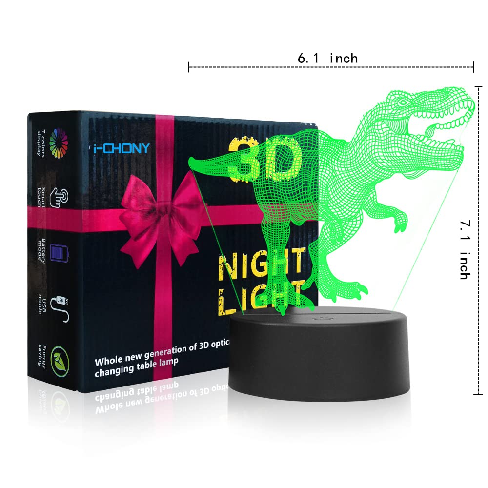 i-CHONY Dinosaur Night Light - T-Rex 3D Lamp, 7 Color Changing, USB, Touch Control, Kids Room Decor, Xmas Gift