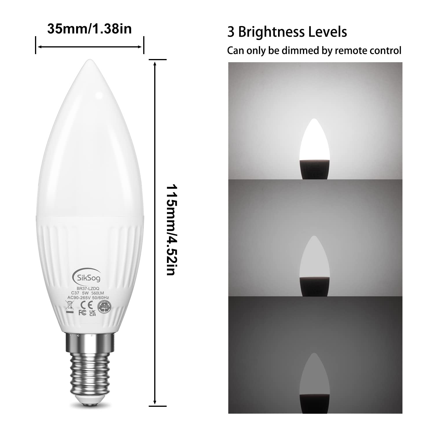 SikSog E12 LED Color Changing Light Bulb, 5W, 560 Lumen, 12 Pack, Cool White + RGB, Plastic, Remote Control