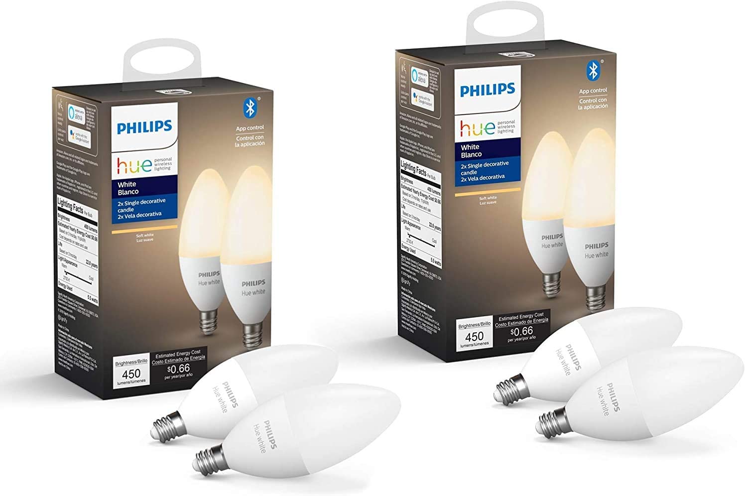 Philips Hue White B39 E12 Candle Smart Bulbs, Bluetooth, 4 Pack, Model 548289-4