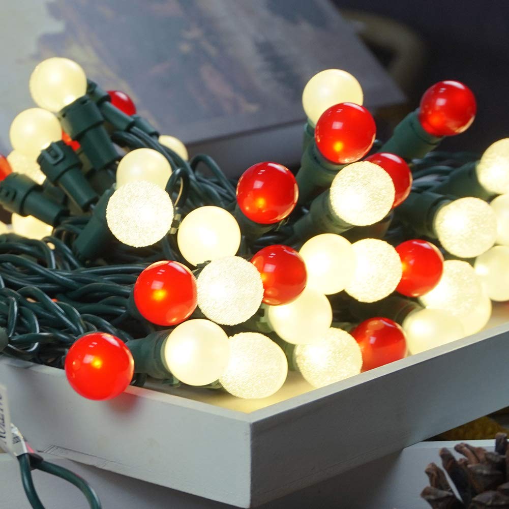 BOHON 50LED Multi Color Pearl String Lights - G15 Glass Bulbs for Indoor/Outdoor Christmas Decor - Red and White