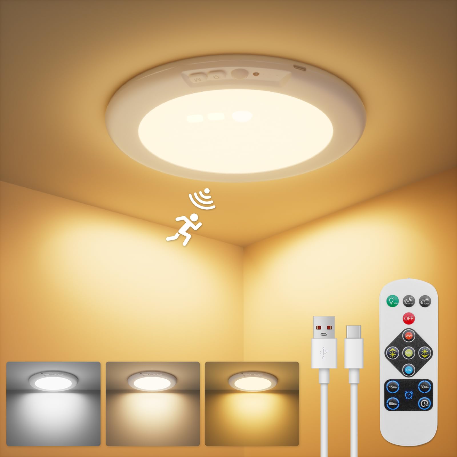 Rechargeable Ceiling Light, No Wiring Closet Light Battery Operated Ceiling Lights With Remote, Motion Sensor Dimmable Timing Ma