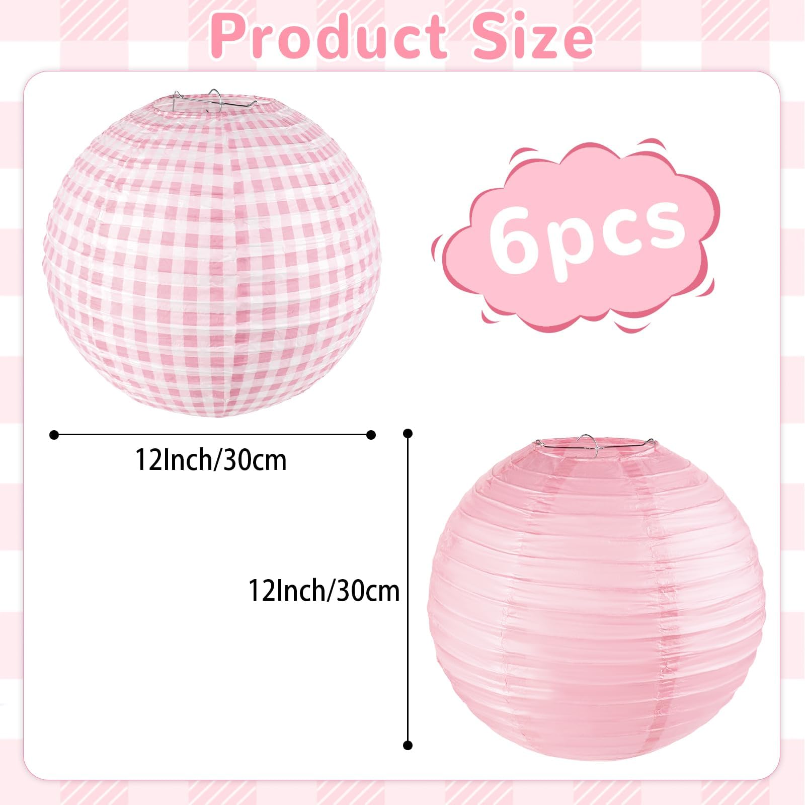 6Pcs Pink Gingham Party Decoration Pink Paper Lanterns Pink And White Checkered Plaid Hanging Lanterns For Wedding Birthday Part