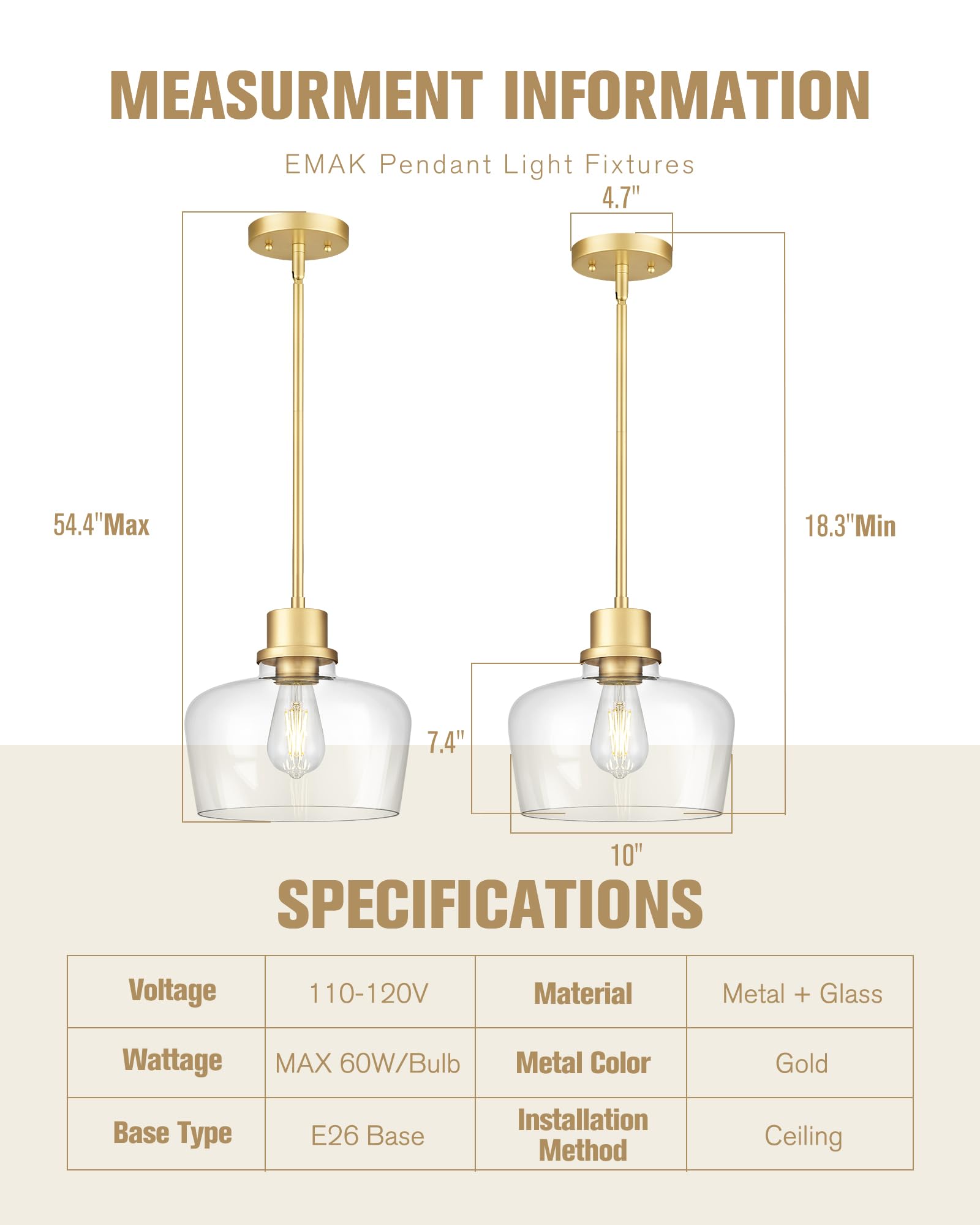 Emak Modern Gold Pendant Lights Kitchen Island, 10 Inch Large Pendant Light Fixtures With Clear Glass Shade For Kitchen, Dining