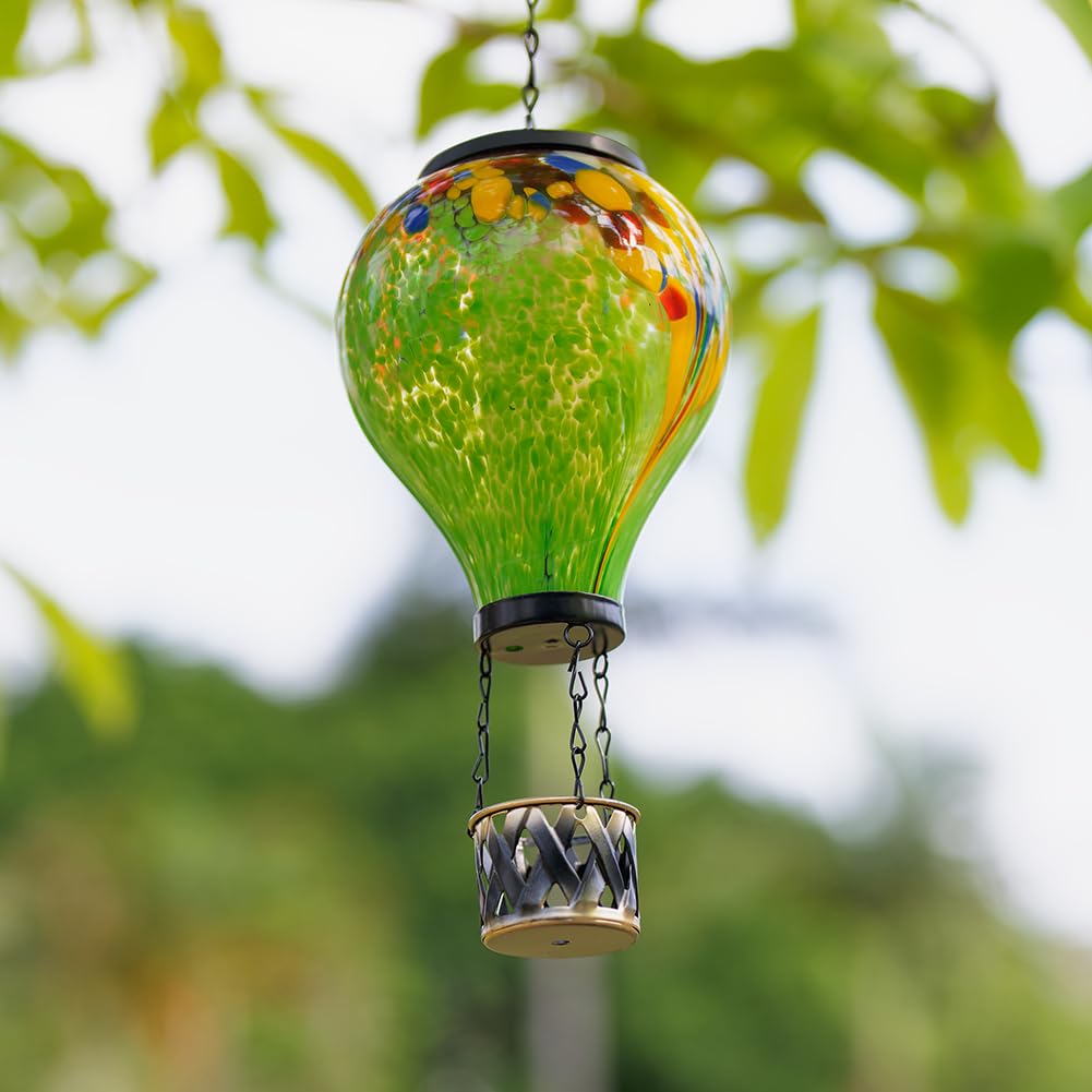Starsoul Hot Air Balloon Solar Lantern Tie-Dye Style Glass Outdoor Solar Hot Air Balloon Lantern With Flame Light Waterproof Han