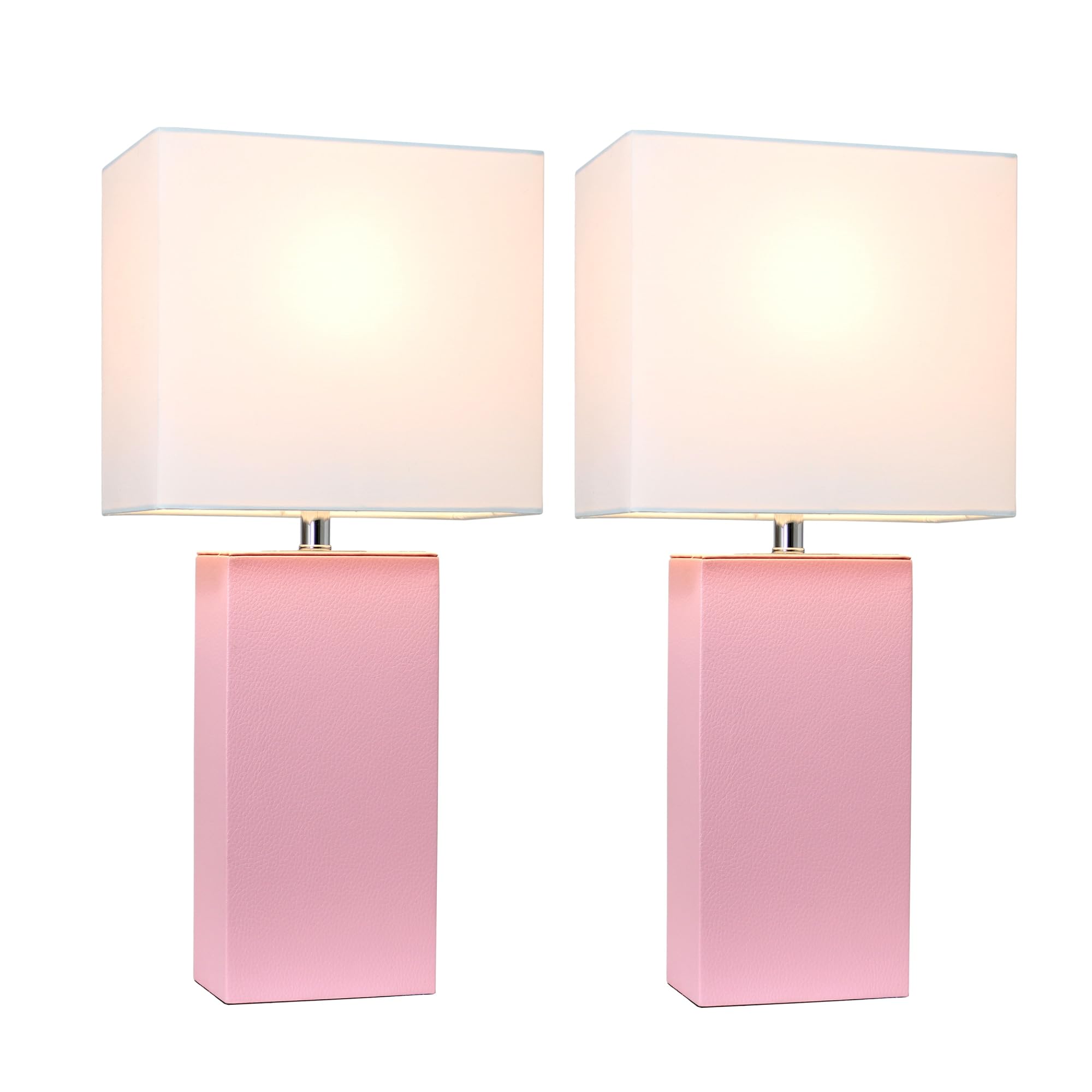 Elegant Designs LC2000-PNK-2PK 2 Pack Modern Leather Table Lamps with White Fabric Shades  Pink