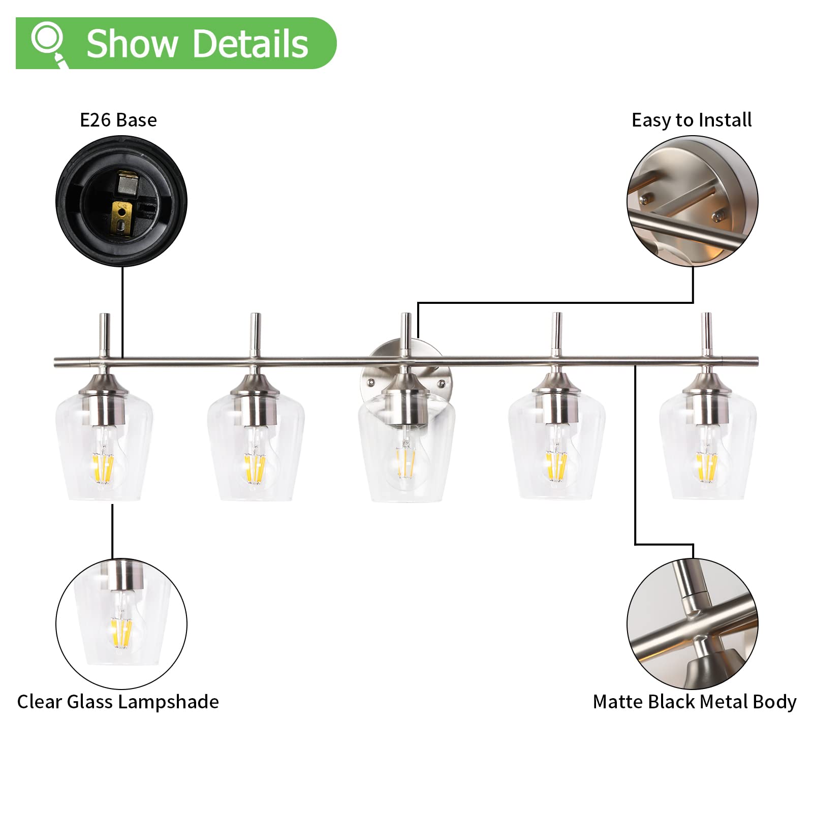 foucasal Bathroom Light Fixtures 5-Light Brushed Nickel Vanity Light, Modern Metal Wall Lights, Model ULB0046H-5SHANIE